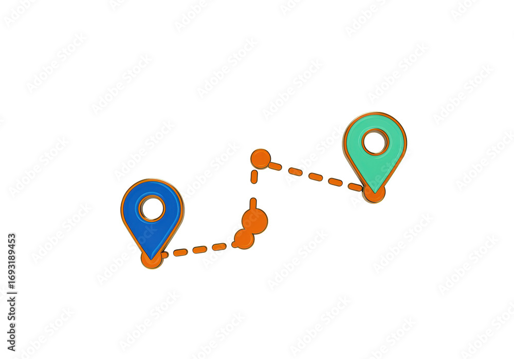 Poster isolated journey route concept with colorful map pointers indicating travel itinerary