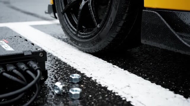 Close-up view of a car tire making contact with wet asphalt, showcasing the dynamic motion as it navigates through puddles and white lane markings, capturing the essence of driving action