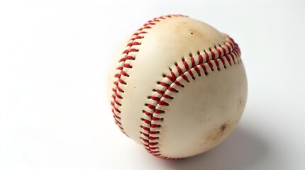 Classic white baseball with bold red stitching showing light use isolated on a clean bright white studio background for sports and game play