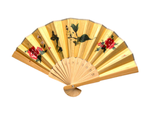 A traditional paper fan with a decorative pattern, isolated on a white background, cultural accessory.
