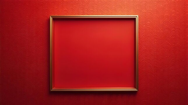 Vibrant red textured wall with an empty square golden frame. Modern minimalist art display background or blank canvas for your creative design and home decor concepts.