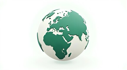 Fototapeta premium Modern 3D render of a green and white Earth globe, showcasing Europe, Asia, and Africa. Clean global map illustration on a bright white background, symbolizing connection.