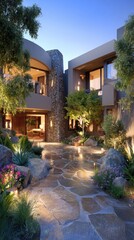 Obraz premium A modern, luxurious residence exterior, illuminated by landscape lighting, displays a beautiful stone pathway and lush landscaping.