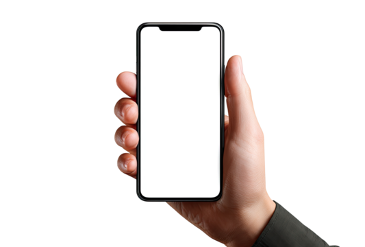 A hand holds a black smartphone with a blank white screen (2)
