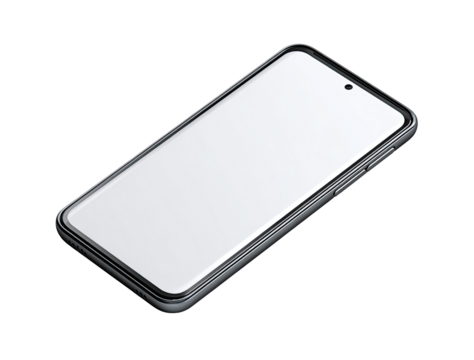 A modern, gray smartphone, angled, with a blank screen