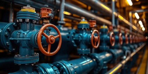 Fototapeta premium Industrial valves and pipes are featured in a factory setting, showing engineering design and industrial processes.