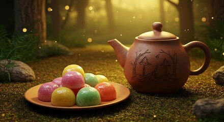 Whimsical Tea Time in a Sunlit Forest.