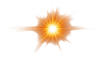 A radiating, sunburst design with a splatter effect. Orange-yellow light bursts outward from a central point, with brushstrokes around the edges