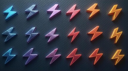 A vibrant grid of 3D lightning bolt icons. Modern metallic energy symbols with glowing edges, showcasing power and speed on a dark textured background.