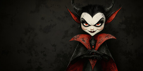 Cartoon vampire devil character with horns and red cape, dark fantasy art