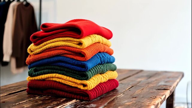 Colorful sweaters stack on rustic wooden table highlighting diversity and warmth in cozy environment. Vibrant sweaters create inviting atmosphere ideal for fashion retailers. Diversity concept.