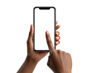 Close-up of a dark-skinned person's hands holding a black smartphone, finger touching the screen
