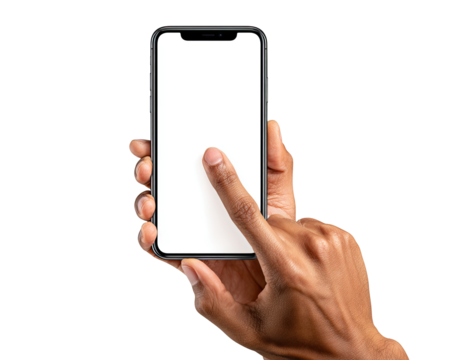 Close-up of a hand holding a smartphone with a blank screen, finger touching the display