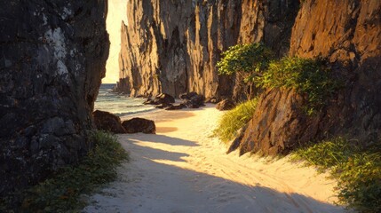 Coastal pathway through rocky cliffs