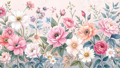 Pastel Floral Garden Horizontal Wallpaper Design