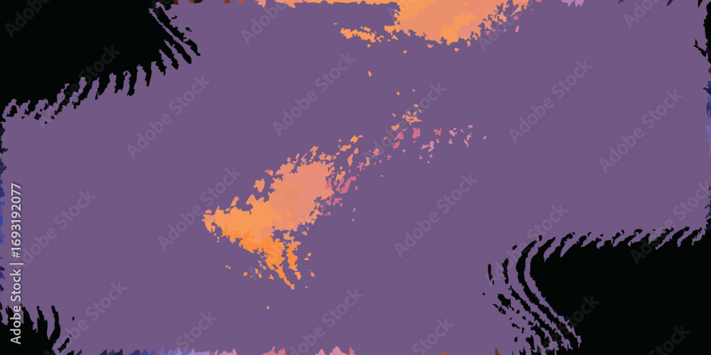Poster abstract painting featuring a purple background with orange and pink color splashes and black edges 