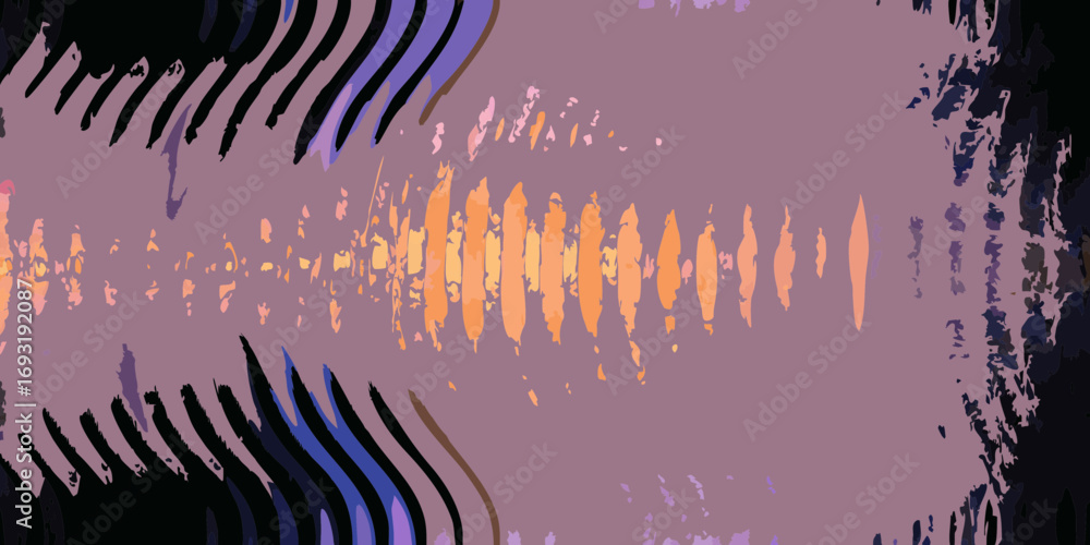 Poster abstract illustration featuring wavy lines and vertical orange brushstrokes on a muted background cr