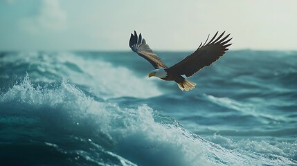 Majestic eagle flying above ocean waves against dramatic cloudy background picture