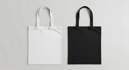 Two plain tote bags, white and black, displayed on a neutral background.