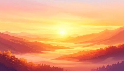 Fototapeta premium Breathtaking sunrise over layered mountain ranges with morning fog in the valley and a warm golden sky. Serene landscape illustration, perfect for a tranquil and abstract background image.