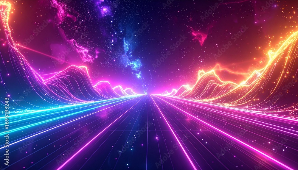 Poster futuristic neon landscape with glowing lines creating a digital highway into a cosmic nebula sky. ab