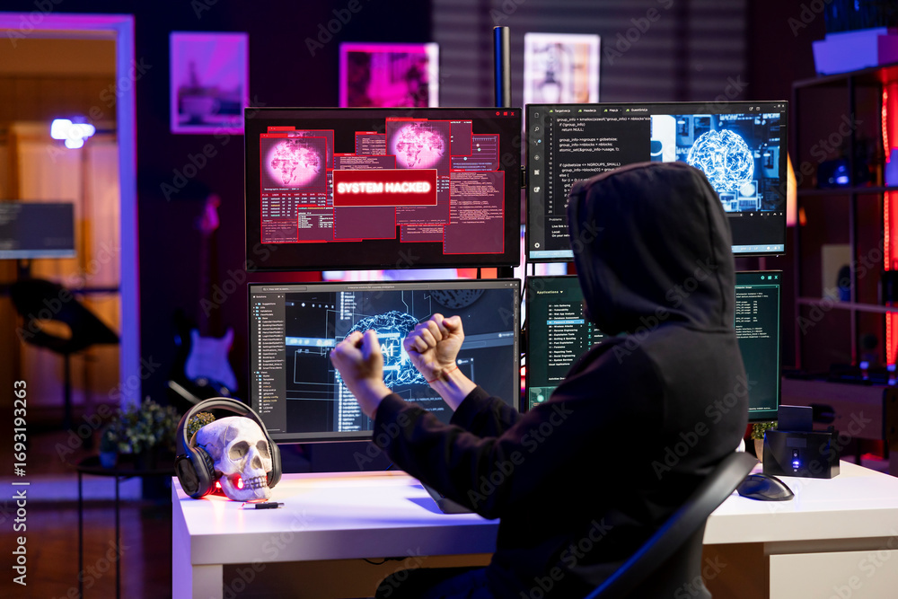Poster happy hacker doing covert operations celebrating after managing to bypass advanced security. rogue p