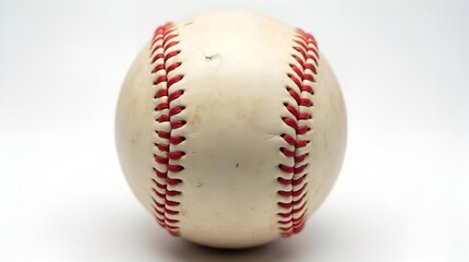 Authentic white baseball featuring classic red stitching, showing minor wear, perfectly centered against a bright, clean white backdrop for sports imagery.