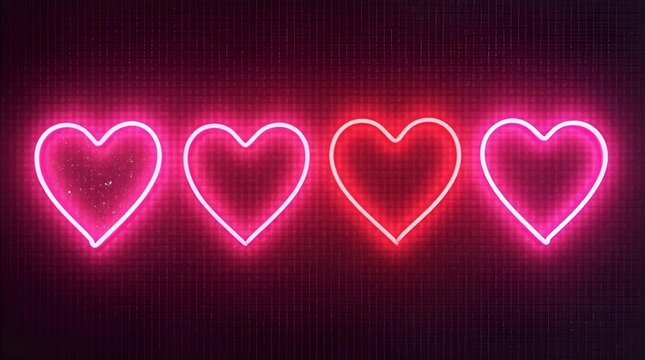 Vibrant neon hearts glowing on a dark grid background. Four beautiful pink, fuchsia, and red love symbols for romance, Valentine's Day, or modern aesthetic designs.