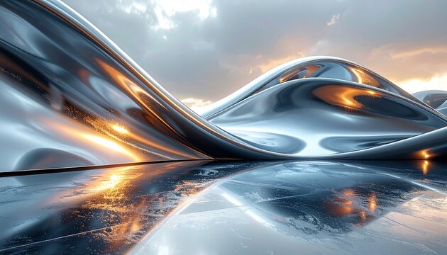 Abstract background with liquid metal chrome waves reflecting a sunset sky. Futuristic landscape with smooth, flowing silver shapes and golden light reflections. Modern technology backdrop image. - Powered by Adobe