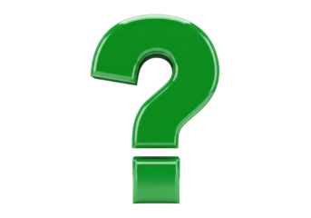 Isolated green shiny question mark symbol standing alone, asking a question about life