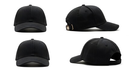 Four views of a plain black baseball cap, showcasing different angles, isolated on white.