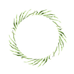 Watercolor wreath with tropical green leaves, isolated on white background. Fresh and natural hand painted element for invitations, summer cards, eco branding, or botanical design.