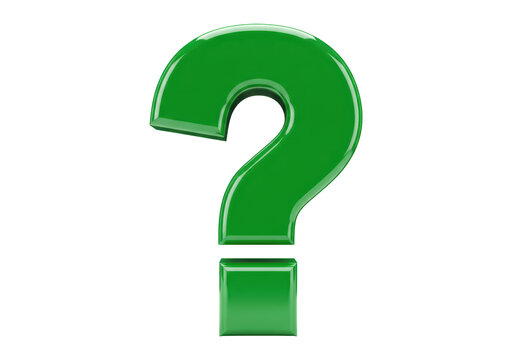Isolated green shiny question mark symbol standing alone, asking a question about life