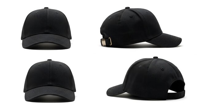 Four views of a plain black baseball cap, showcasing different angles, isolated on white.