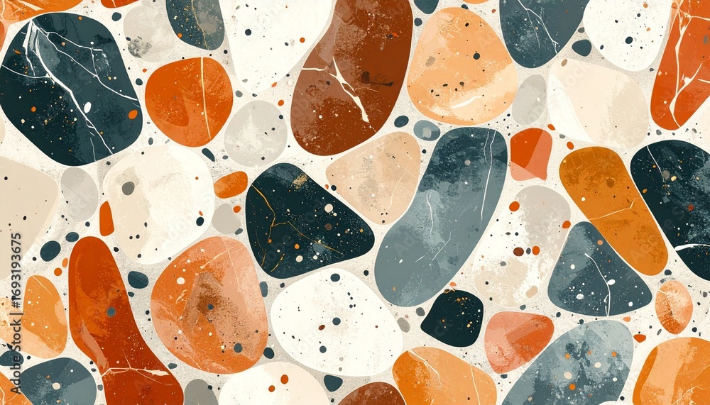 Poster abstract terrazzo style background image with a modern pattern of colorful, smooth stones. earthy to
