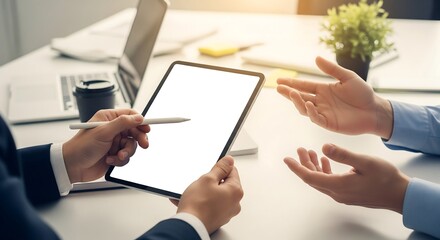 Two people discussing business over a tablet with a blank screen, in an office setting.