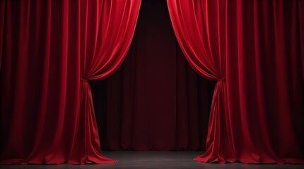 Luxurious red velvet theater stage curtains dramatically opening to reveal a dark empty performance area. Elegant background for showtime, events, and entertainment concepts.