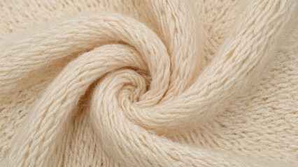 Close up of beige knitted fabric spiral with detailed yarn and soft texture