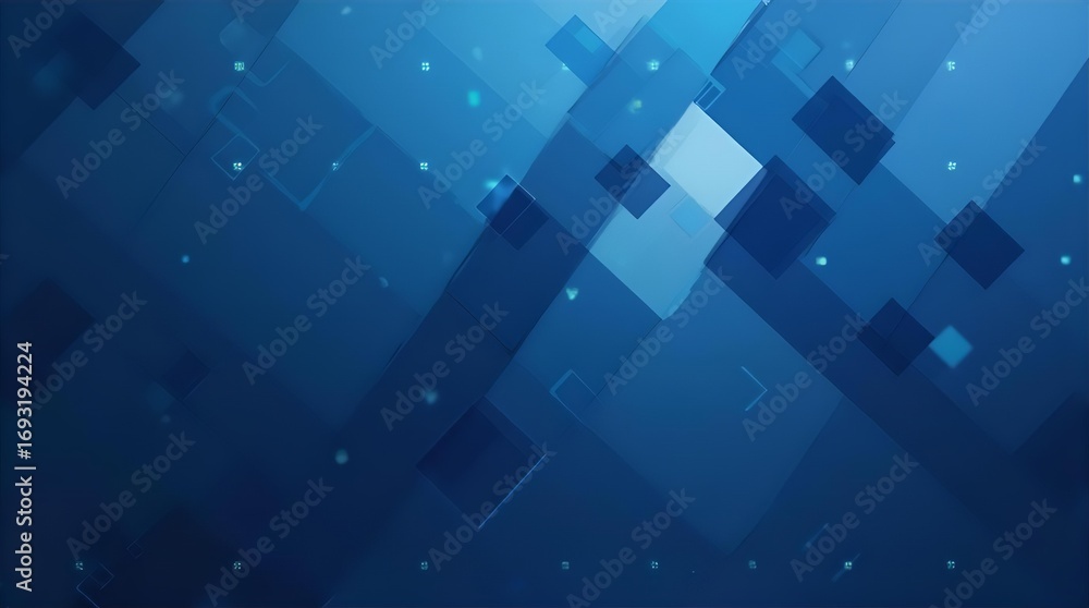 Poster dynamic blue abstract geometric background featuring overlapping transparent squares, subtle digital