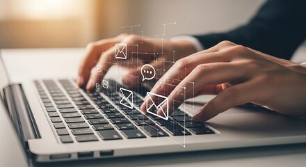 Close-up of hands typing on a laptop keyboard, overlaid with email and communication icons, suggesting digital communication.