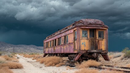 Fototapeta premium Rusty train car under stormy sky