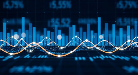 Abstract financial chart with upward trending lines, bar graphs, and numerical data displayed on a blue background.