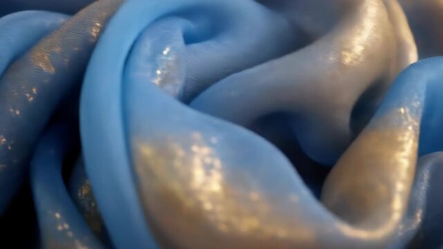 Elegant shimmering blue fabric with subtle gold accents creates an ethereal and luxurious visual