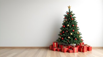 Festive Christmas tree with red and gold ornaments, topped with a star, surrounded by red gift boxes on a wooden floor against a clean white wall. Holiday season.