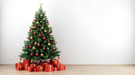 Beautifully decorated Christmas tree with red and green ornaments, a gold star, and many red gift boxes on a wooden floor against a clean white wall with ample copy space.