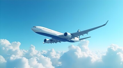 Fototapeta premium Large commercial passenger airplane flying high above fluffy white clouds in a beautiful clear blue sky on a bright sunny day, symbolizing air travel and adventure.