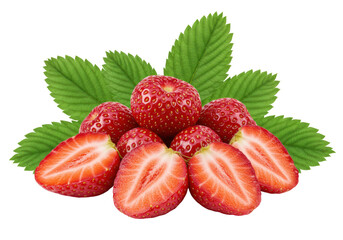 Isolated Strawberries with Leaves Red Fruit Healthy Food Ingredient Sweet Delicious Fresh