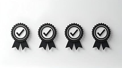 Four black quality guarantee badges with white checkmarks, minimalist style, arranged horizontally on a clean white background. Professional 3D render symbolizing trust, success, and excellence.