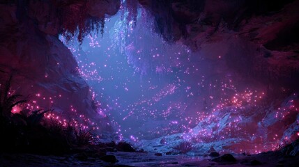 Fototapeta premium Fantasy cave interior with luminescent flora