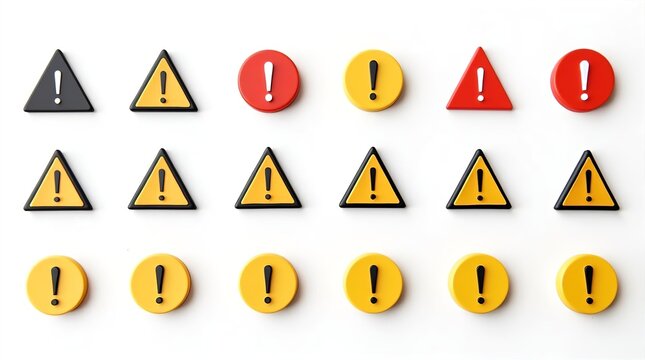 Collection of various warning signs and caution symbols featuring yellow and red triangles and circles with black exclamation marks on a clean white background studio shot